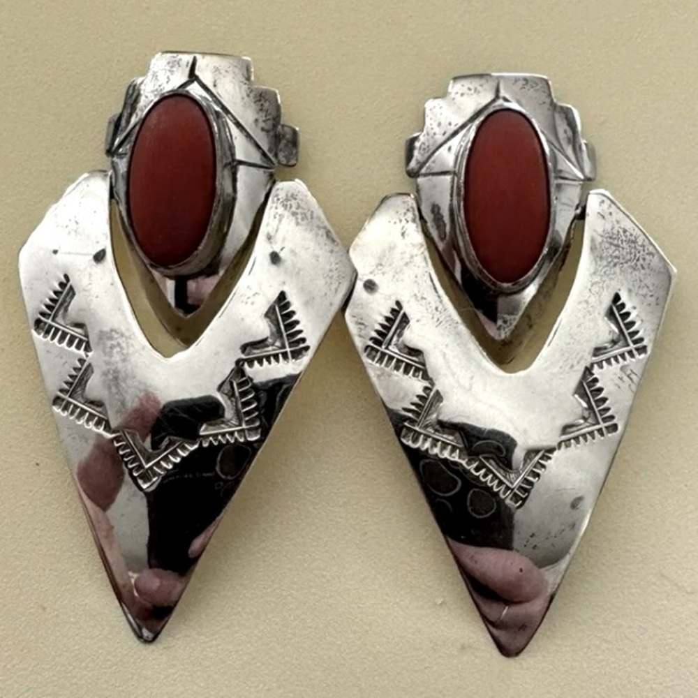 Southwestern Sterling Silver Earrings door knocker style signed MJ vintage :)